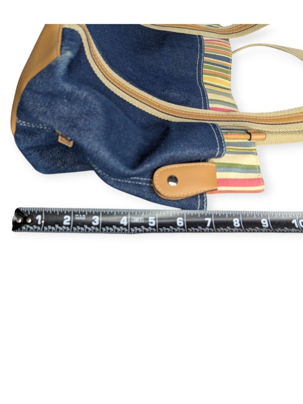 Denim & Tan Cotton Canvas Tote Multi-Stripe Trim Double Hand1es 3" x 9" x 5.5" - Picture 14 of 15